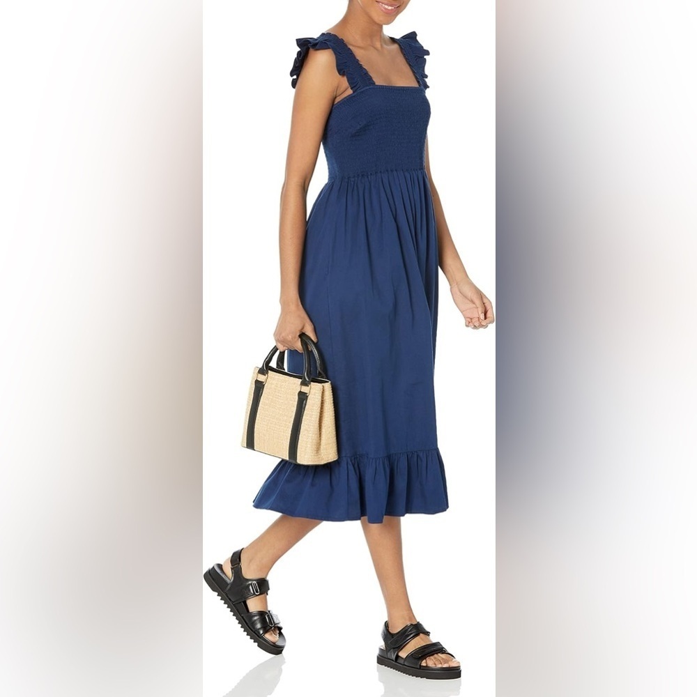 The Drop Kimi Ruffled Shoulder Smocked Midi Dress, Navy, M